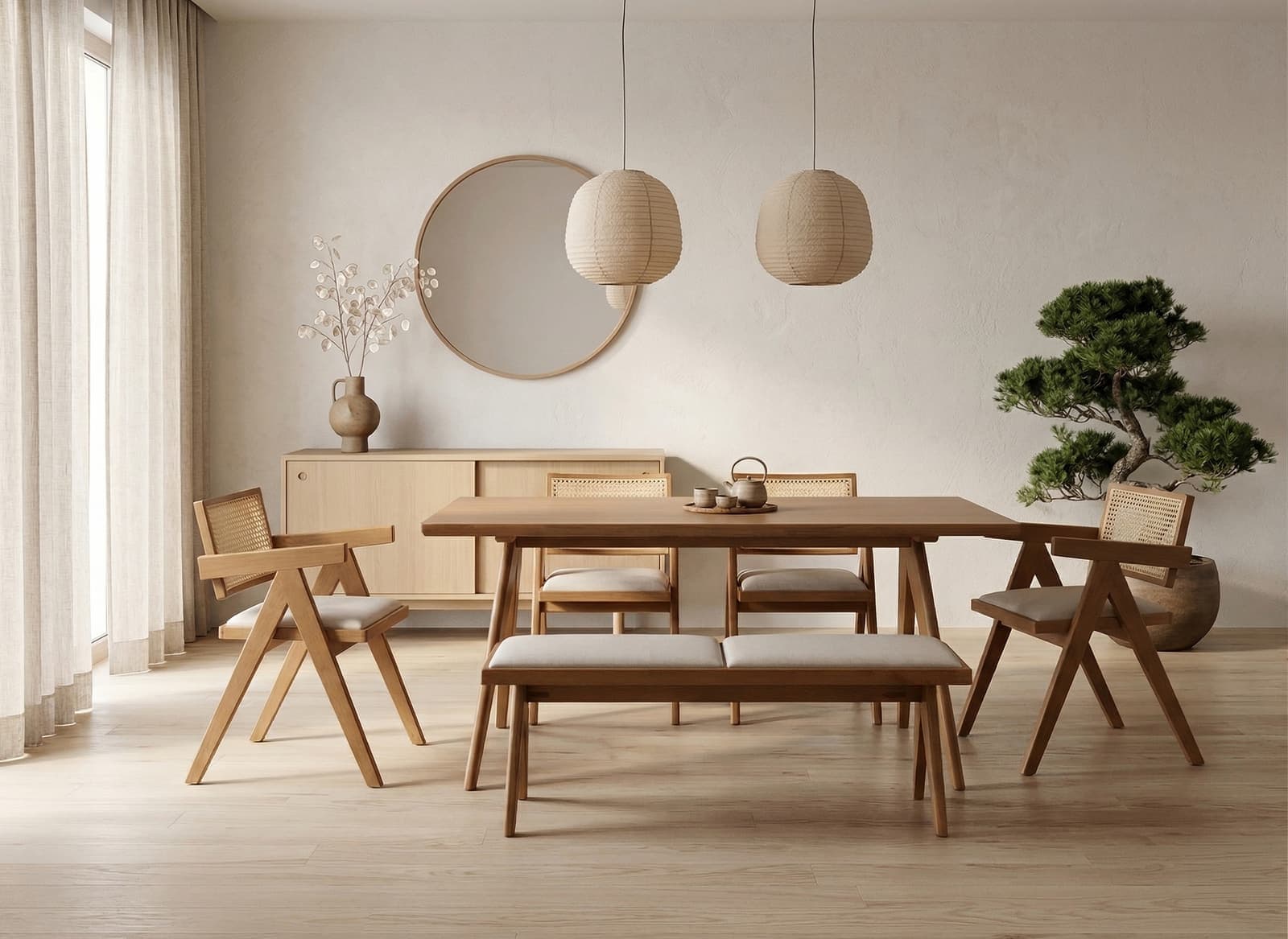 Rattan 1+4+Bench Wooden Dining Set